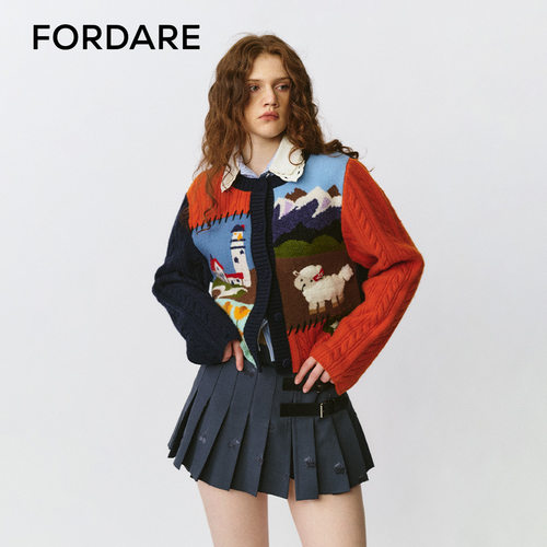 FORDARE/福蝶25秋冬风景拼块毛织绞花开衫外套