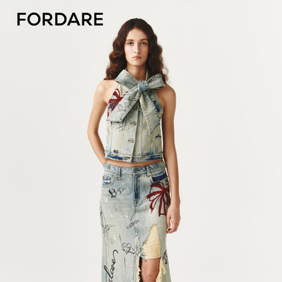 FORDARE/福蝶26春夏涂鸦感蝴蝶结印花绑带背心牛仔长裙