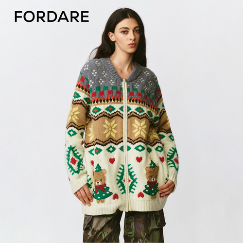 FORDARE/福蝶25秋冬圣诞小熊毛织开衫外套