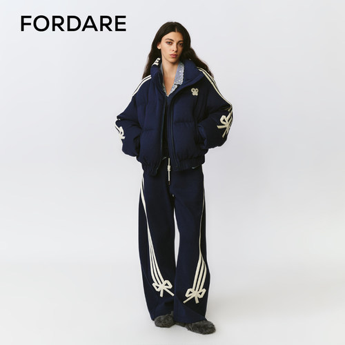 FORDARE/福蝶25秋冬藏青色蝴蝶结贴条运动羽绒服运动长裤