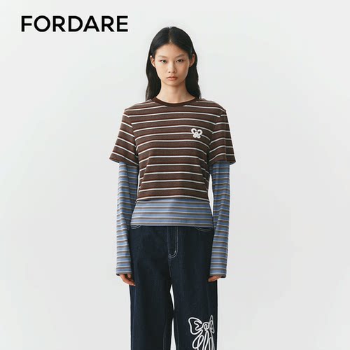 FORDARE/福蝶26秋冬条纹假两件长袖T恤