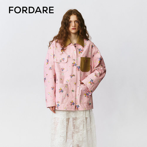 FORDARE/福蝶25早秋粉色碎花工装夹克