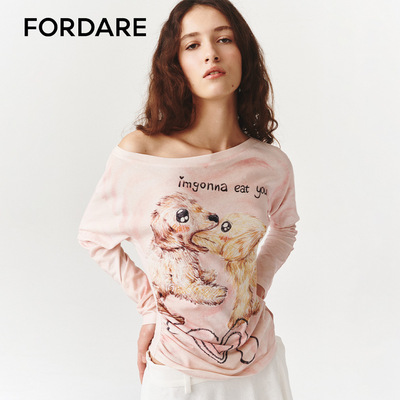 FORDARE/福蝶26春夏涂鸦感一口吃掉你斜肩长袖T恤