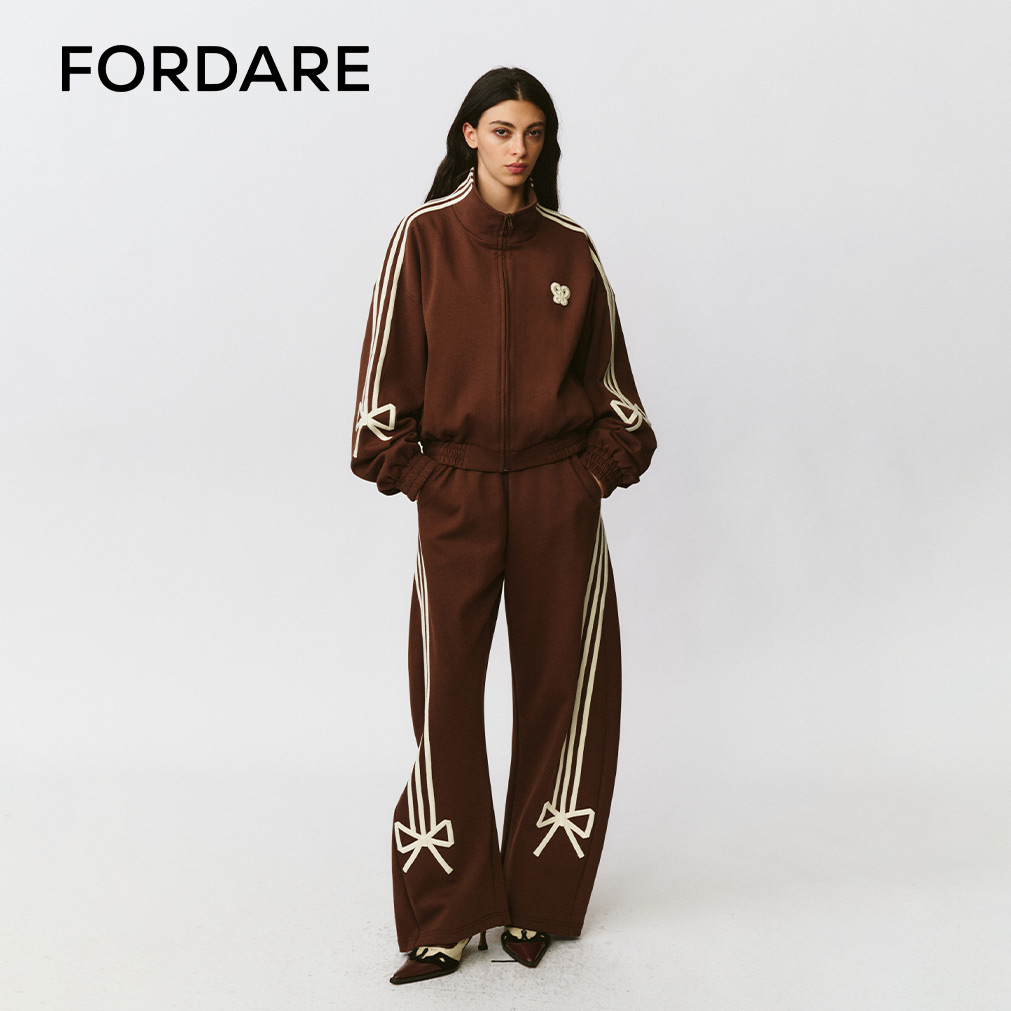 FORDARE/福蝶25早秋咖色蝴蝶结贴条运动外套长裤