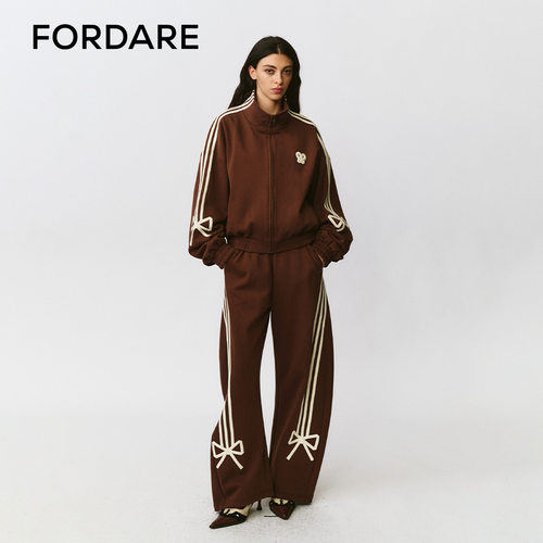 FORDARE/福蝶25早秋咖色蝴蝶结贴条运动外套长裤