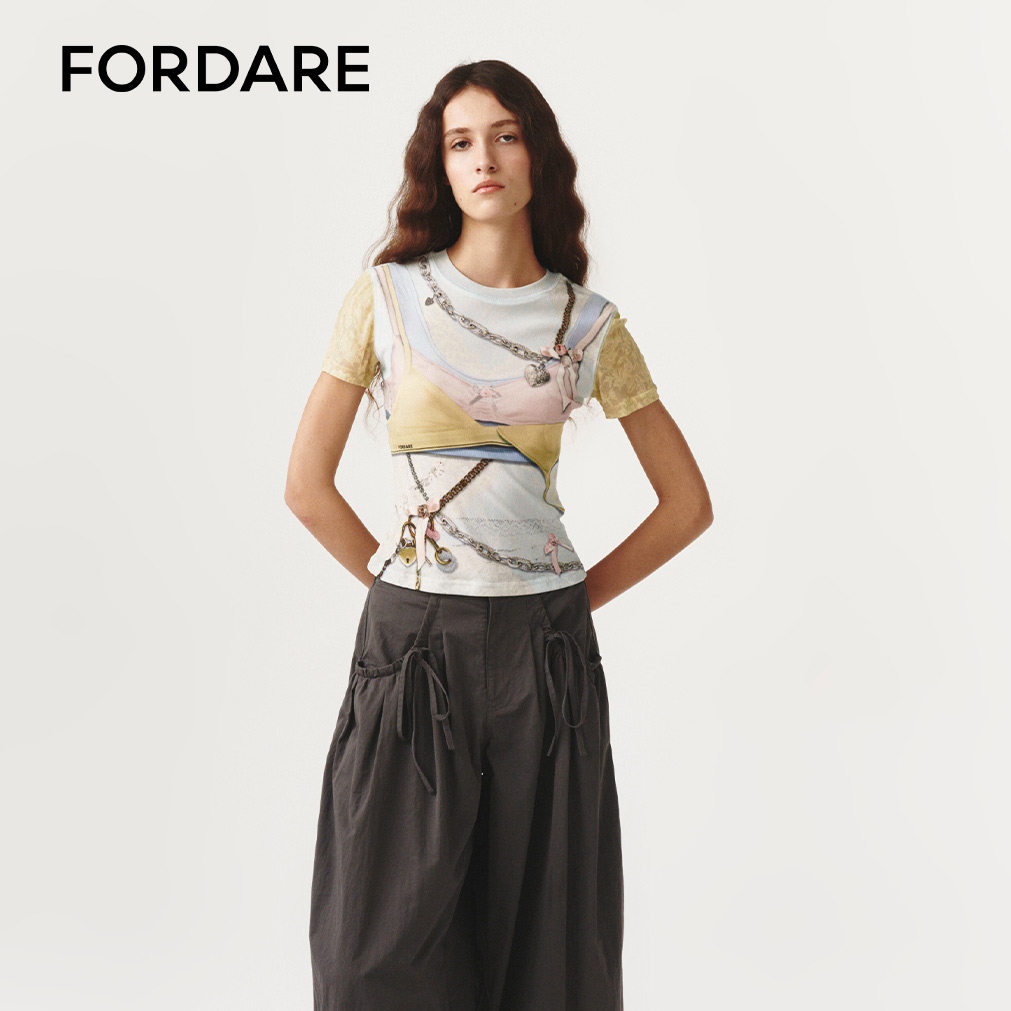 FORDARE/福蝶26春夏蕾丝链条撞色3D感印花短袖
