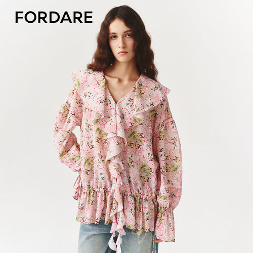 FORDARE/福蝶26早春复古植物荷叶边衬衫裙