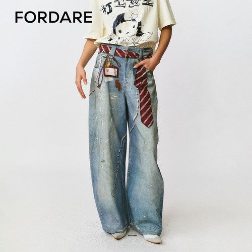 FORDARE/福蝶25早秋领带工牌印花牛仔长裤