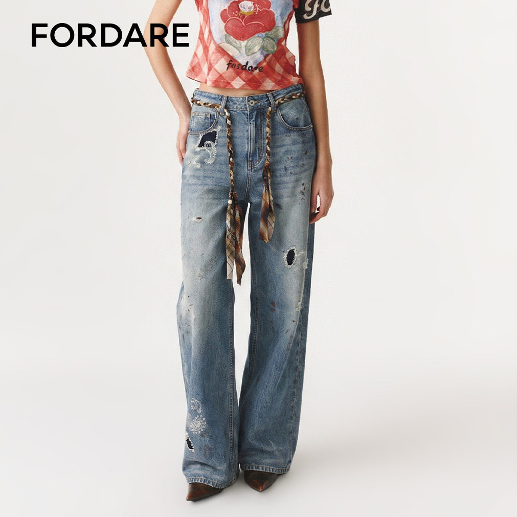 FORDARE/福蝶26春夏腰果花刺绣牛仔长裤