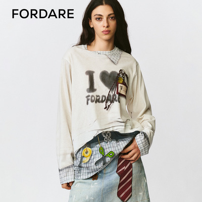 FORDARE/福蝶25早秋趣味假两件3D印花工牌长袖T恤