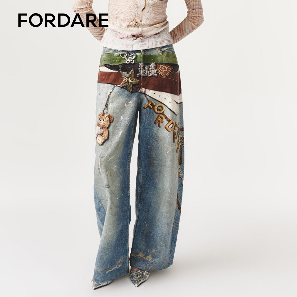FORDARE/福蝶26早春腰带3D感印花牛仔长裤