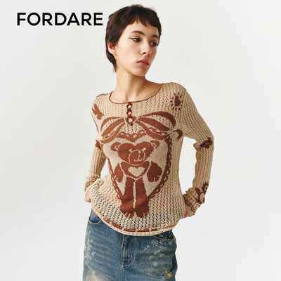 FORDARE/福蝶26早春复古小熊提花针织松弛感套头衫