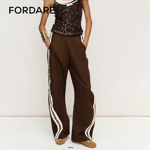 FORDARE/福蝶25春夏复古感豹纹拼接运动舒适宽松水洗咖色女士长裤