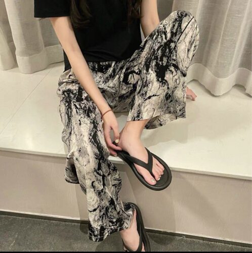 棉绸人造棉可遛弯九分防蚊裤夏季居家阔腿裤高腰薄款女士休闲睡裤