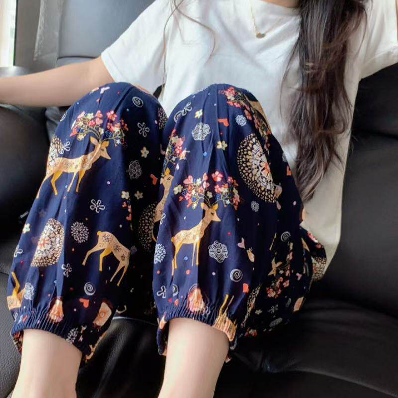 棉绸束脚裤女士长裤夏季薄款空调裤防蚊裤功夫裤人造棉睡裤灯笼裤