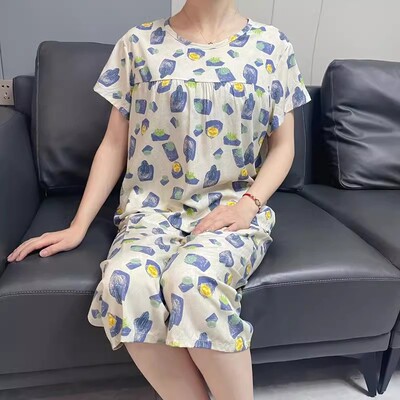 棉绸睡衣女夏季套装妈妈装人造棉家居服两件套宽松大码可外穿