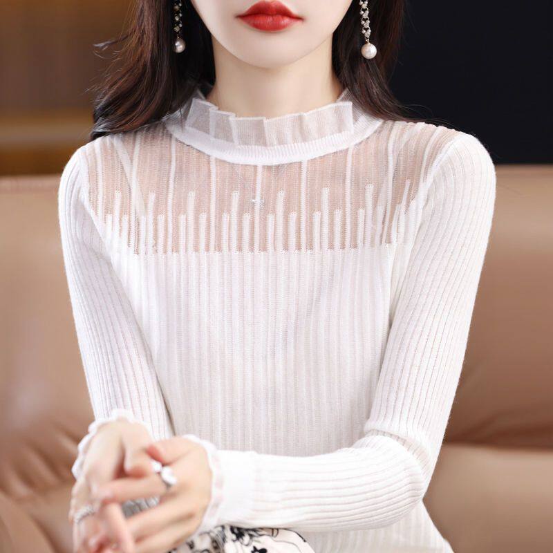 蕾丝打底衫女款2025秋冬木耳花边蕾丝内搭时尚洋气长袖保暖衣50