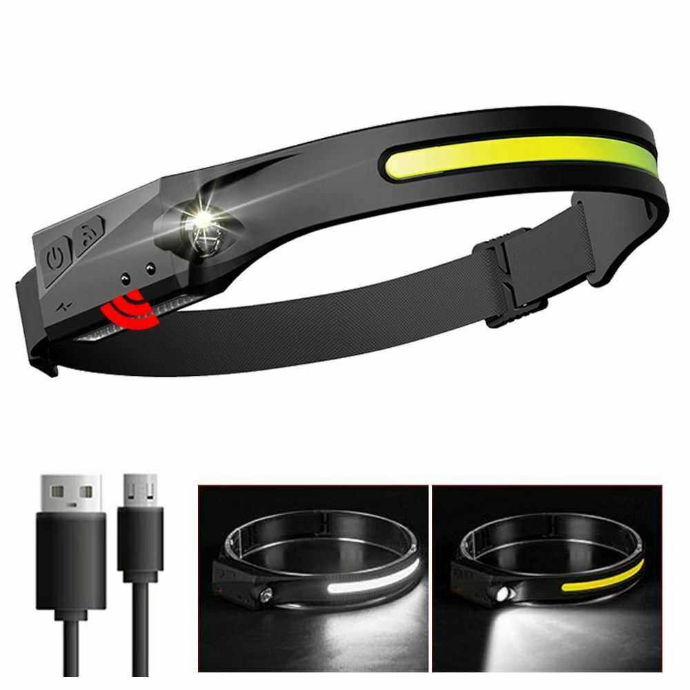 LED强光感应头灯USB充电户外骑行夜跑硅胶头灯COB泛光工作灯