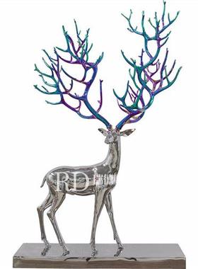 大型户外不锈钢镜面梅花鹿雕塑定制房地产金属镂空几何母子鹿摆件