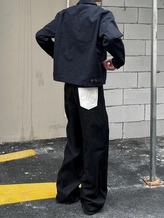paris style马毛冈山原牛色cleanfit弯刀baggy阔腿直筒黑色牛仔裤