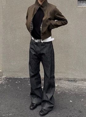 paris style原牛13盎司原色微喇cleanfit牛仔裤刺绣马毛皮牌裤子