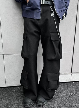 Paris style绳结肌理设计感弯刀结构廓形cargo多口袋新工装长裤潮
