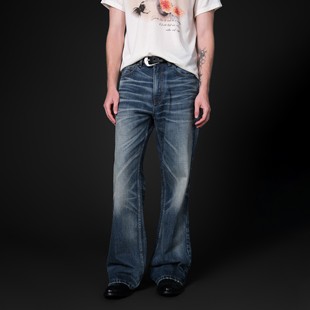 型立体猫须cleanfit牛仔裤 paris style复古牛王水洗做旧646微喇版