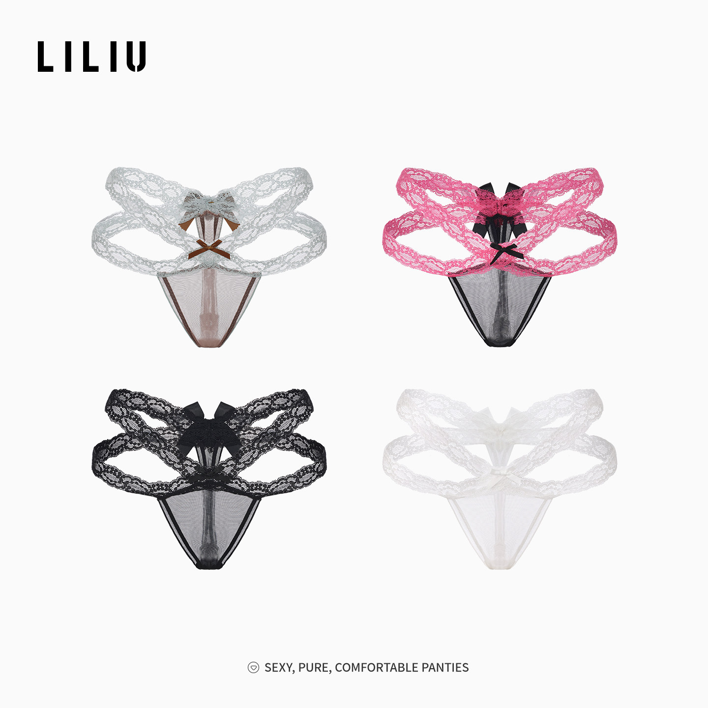 LILIU|性感纯欲风蕾丝丁字裤女新款网纱交叉镂空低腰女士三角内