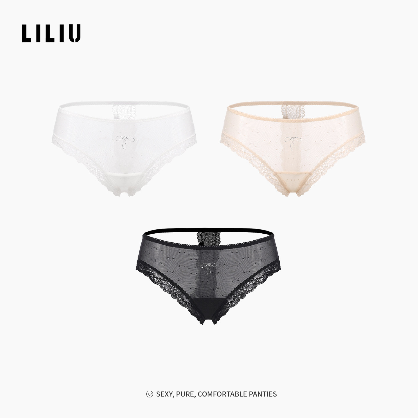 LILIU柔美波点蕾丝内裤女烫钻蝴蝶结轻透网纱中低腰女士三角裤