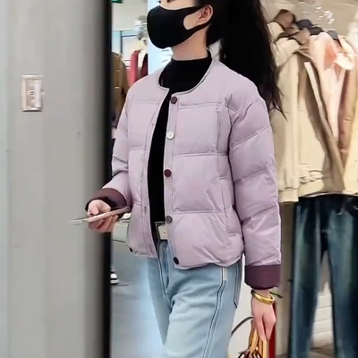 韩版圆领拼色短款羽绒服女冬季