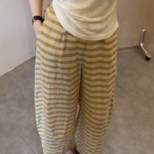 韩系格纹薄款直筒阔腿裤女夏季