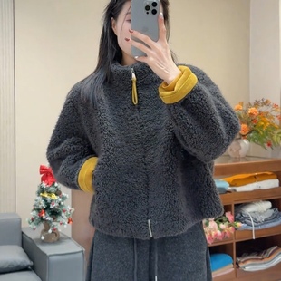 韩系立领羊羔毛短款外套女2025冬季新款宽松百搭加厚保暖毛毛上衣