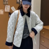 显瘦上衣 宽松百搭翻领短款 韩版 菱格纹棉服撞色外套女2025秋冬新款