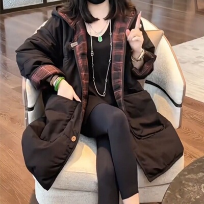 韩版双面穿连帽中长款棉服