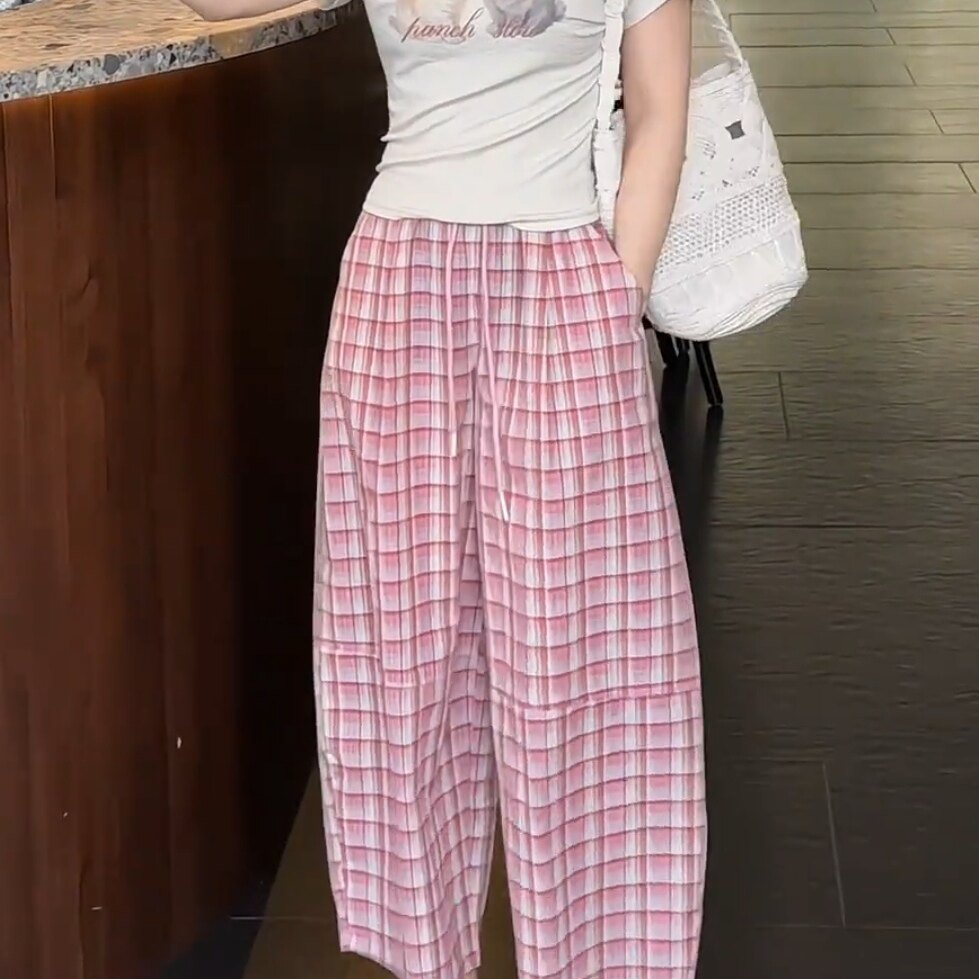 韩系高腰格纹阔腿九分裤女2026夏季新款宽松显瘦百搭薄款休闲裤子