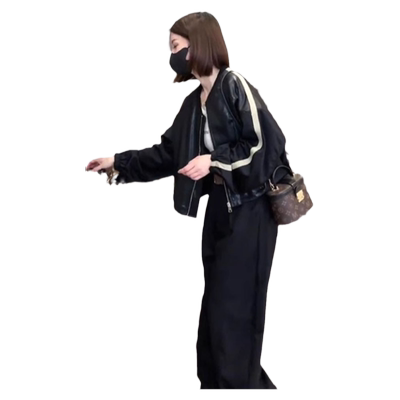 美式时尚棒球服2024春季小个子宽松休闲黑色拼接机车服夹克外套女