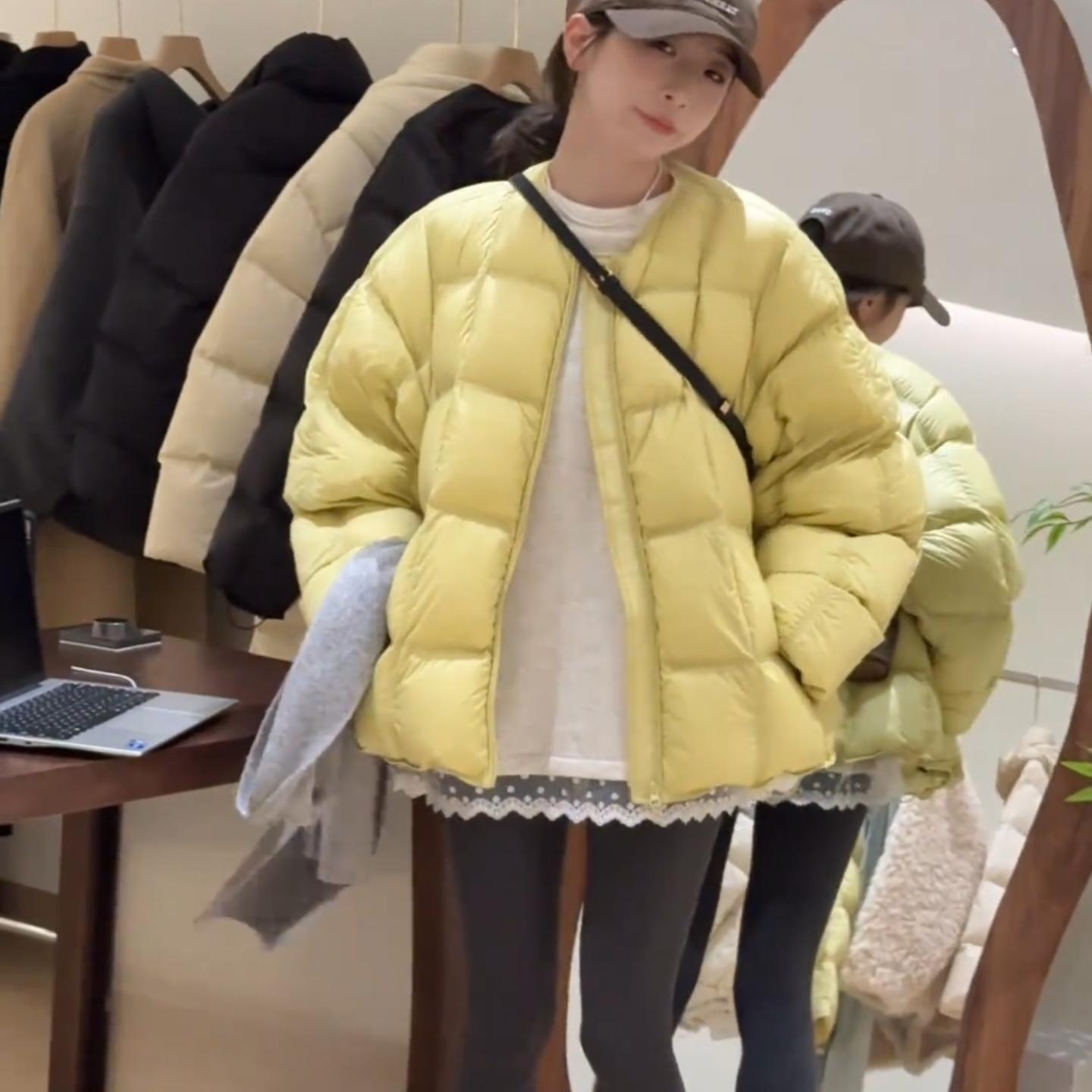 粉奈悦韩版圆领加厚方块羽绒服