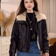 欧货羊羔毛翻领加绒皮衣女2025秋冬新款短款休闲百搭洋气PU皮外套