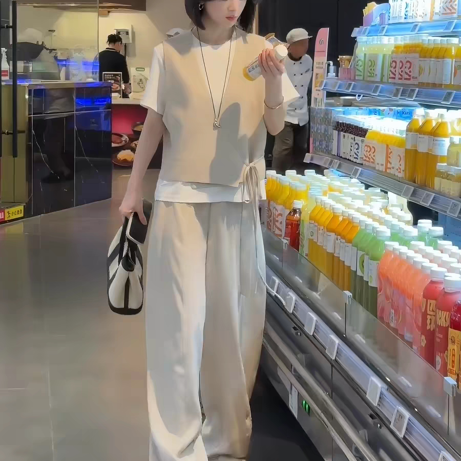 韩系系带马夹+短袖T恤+阔腿裤三件套女2026夏季新款时尚显瘦套装