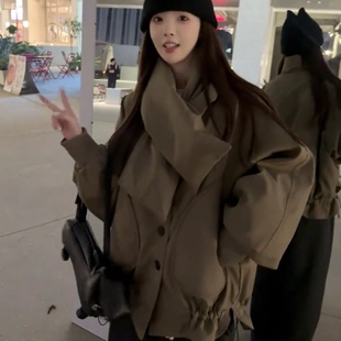 韩系大口袋围脖羽绒服女2025冬季 宽松显瘦抽褶保暖白鸭绒外套 新款