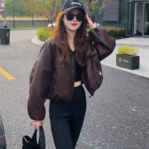 粉奈悦加绒皮衣外套宽松休闲