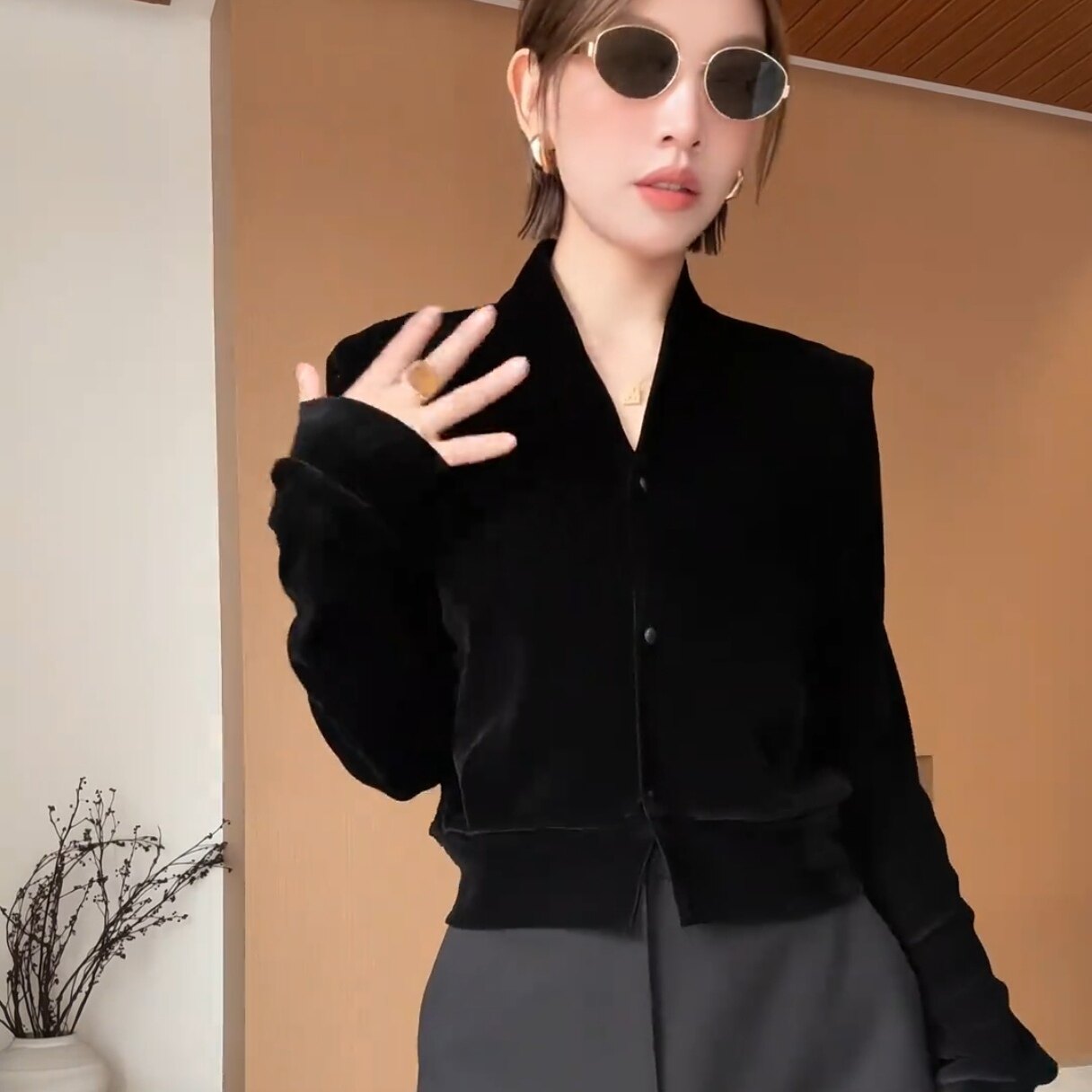 韩系V领丝绒短款外套女秋季新款图片