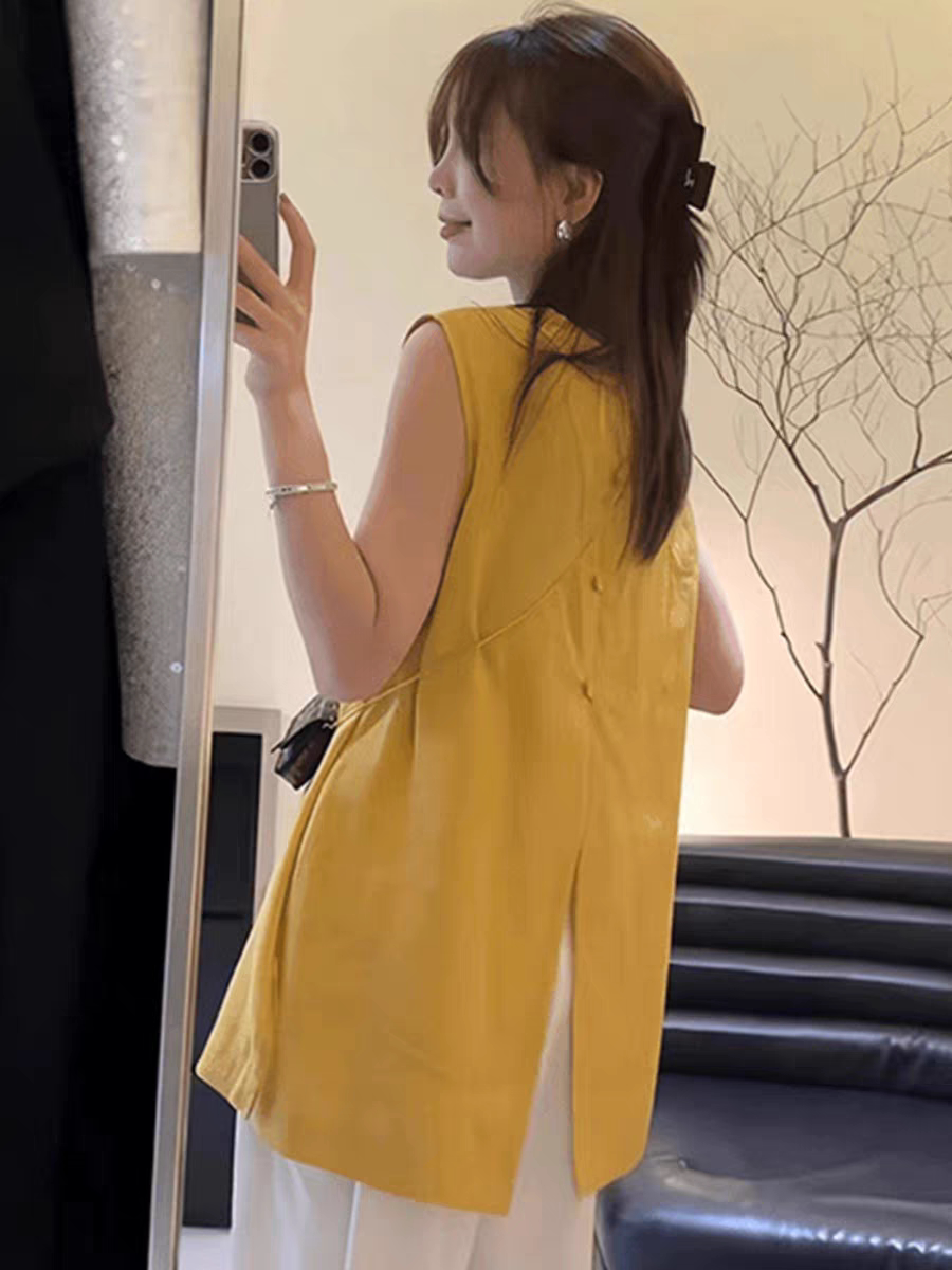 后背开叉无袖衬衫女夏季2025新款宽松高级感百搭衬衣别致洋气上衣