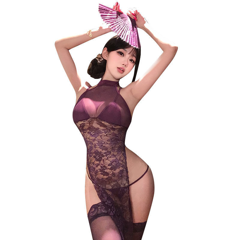 丝袜旗袍内衣蕾丝高开叉吊带裙性感睡衣诱惑制服套装薄款透明贴身