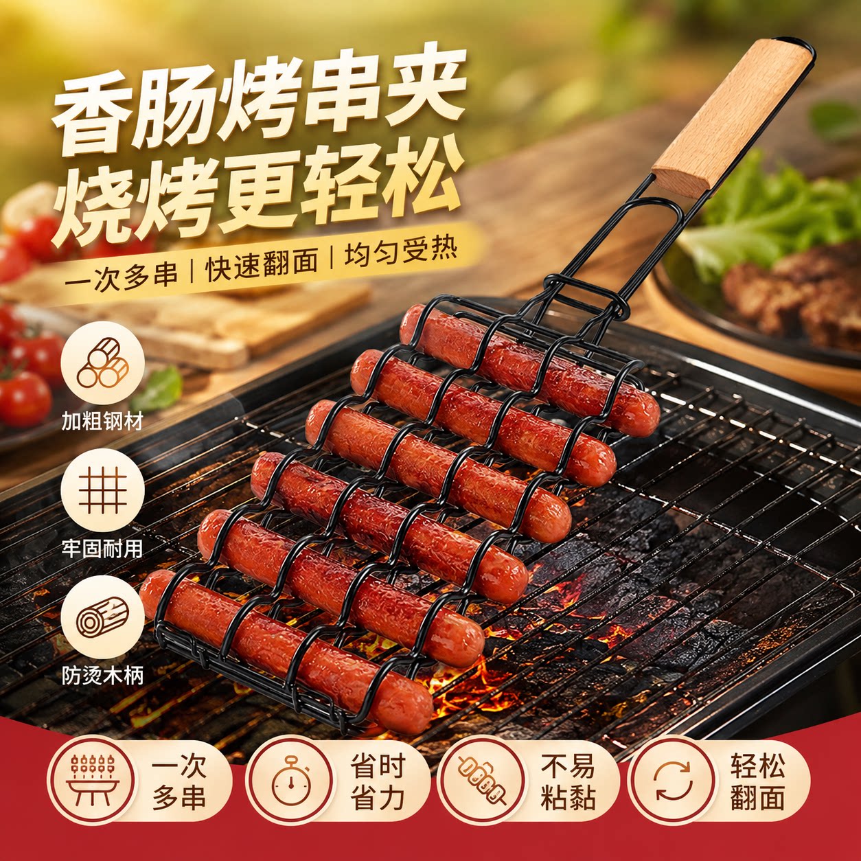 肉夹烧烤网夹烤鱼夹子户外烧烤工具木柄烤肉网夹翻面夹烧烤架配件