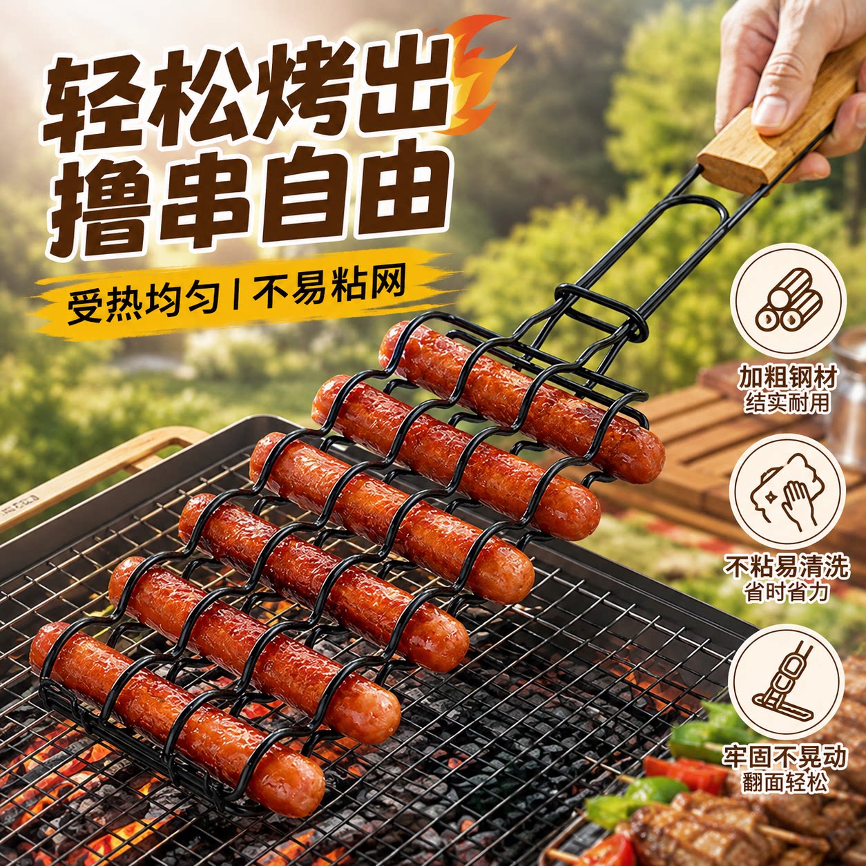 烧烤夹烤肉网夹木柄户外烤鱼烤肉夹翻面神器不锈钢烧烤工具烤串夹
