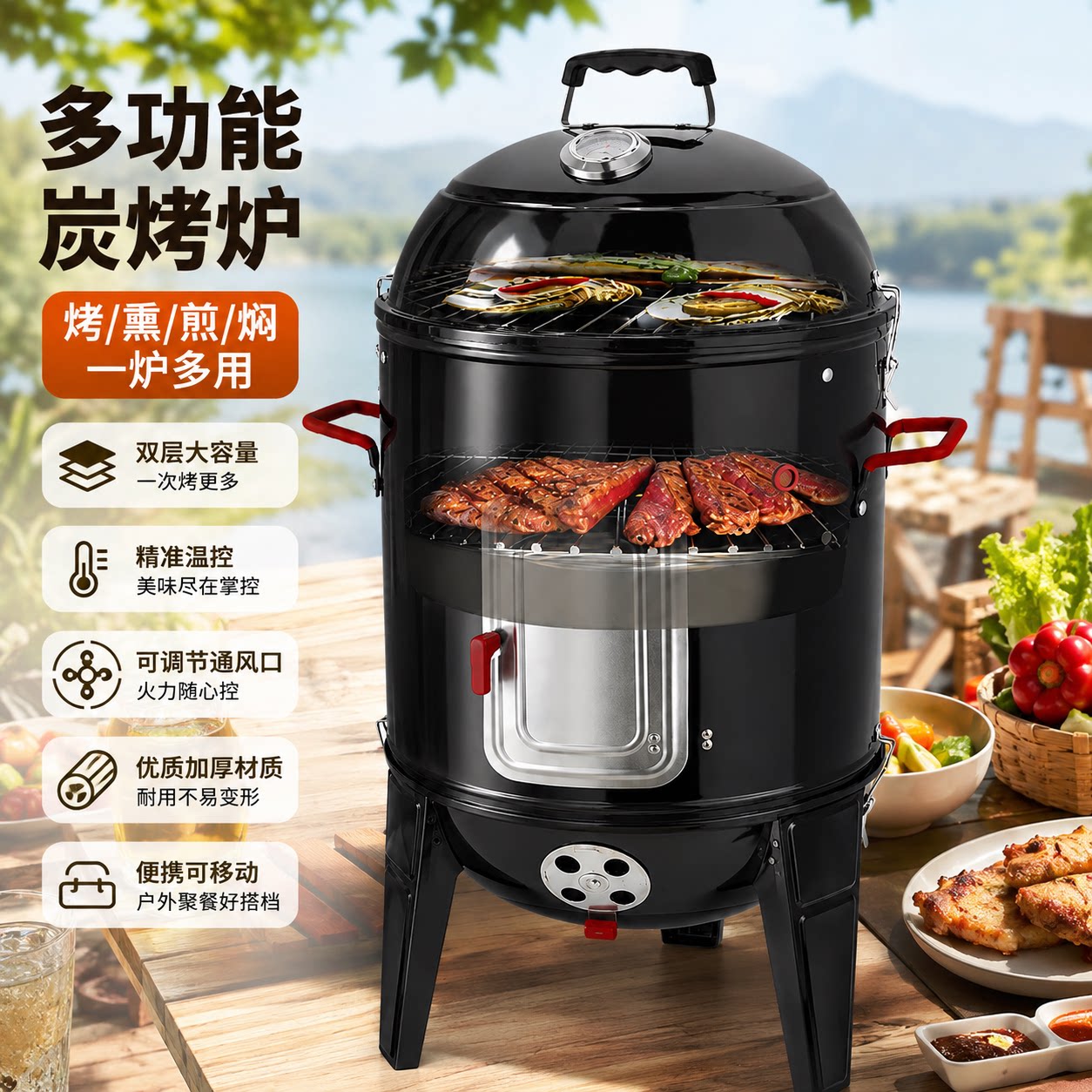 户外烧烤炉庭院烧烤架一炉多用聚会烤肉烟熏炉2-5人烤炉木炭烤炉