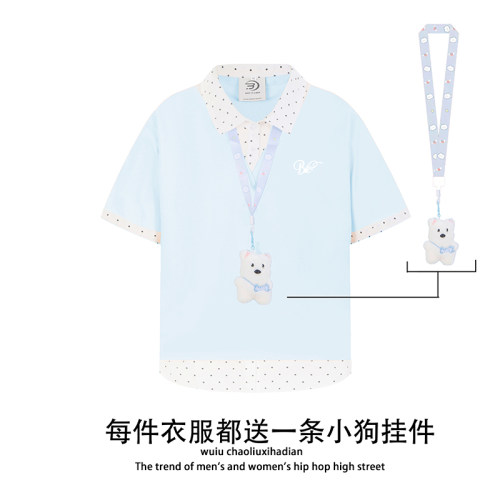 WUIU美式学院风波点假两件短袖T