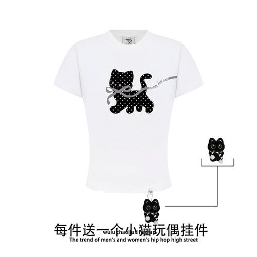 WUIU波点猫咪休闲T恤女短袖