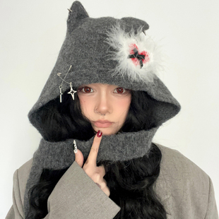 ola原创设计哥特小恶魔毛线帽保暖大头围拉法帽女甜酷亚比Y2K帽子